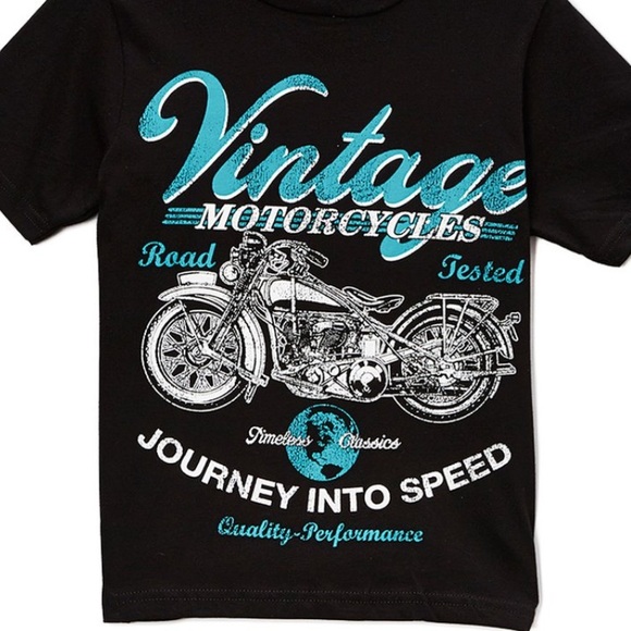 Micro Me-Black "Vintage Motorcycles" w/ Blue & White Print t-shirt- Boys 16 NWT - Picture 2 of 3
